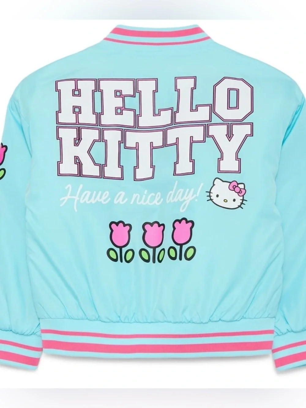 BRAND NEW Hello Kitty Aqua Jacket with Pink Trim and Floral Accents Girls 4/5